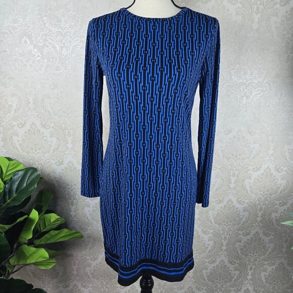 MICHAEL Michael Kors Size Small Blue Black Striped Dress Long Sleeve Round Neck - Picture 1 of 11